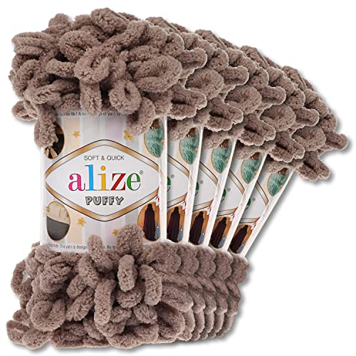 Alize 5 x 100 g Puffy Wolle Chenille Schlaufenwolle Häkeln und Stricken ohne Hilfsmittel Kleidung Accesoire Decken Teppiche (530 | Taupe) von Wohnkult
