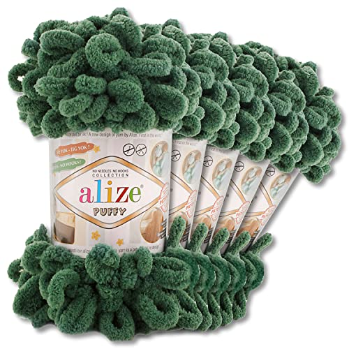Alize 5 x 100 g Puffy Wolle Chenille Schlaufenwolle Häkeln und Stricken ohne Hilfsmittel Kleidung Accesoire Decken Teppiche (532 | Tannengrün) von Wohnkult