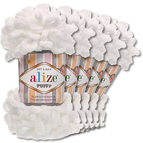 Alize 5 x 100 g Puffy Wolle Chenille Schlaufenwolle Häkeln und Stricken ohne Hilfsmittel Kleidung Accesoire Decken Teppiche (55 | Weiß) von Wohnkult