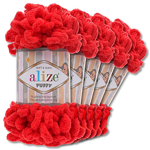 Alize 5 x 100 g Puffy Wolle Chenille Schlaufenwolle Häkeln und Stricken ohne Hilfsmittel Kleidung Accesoire Decken Teppiche (56 | Rot) von Wohnkult