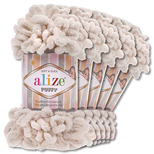 Alize 5 x 100 g Puffy Wolle Chenille Schlaufenwolle Häkeln und Stricken ohne Hilfsmittel Kleidung Accesoire Decken Teppiche (599 | Knochen) von Wohnkult