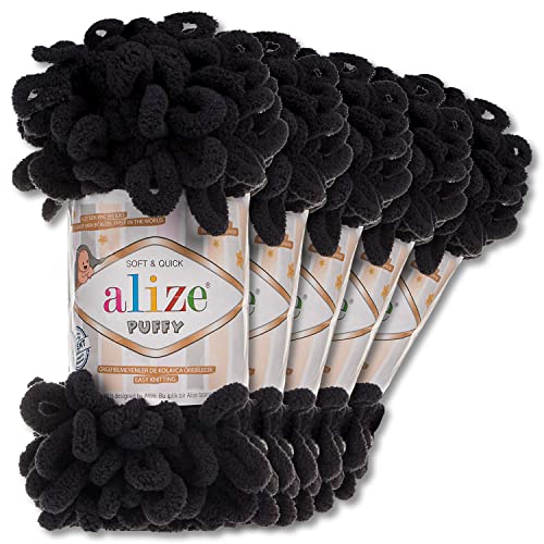 Alize 5 x 100 g Puffy Wolle Chenille Schlaufenwolle Häkeln und Stricken ohne Hilfsmittel Kleidung Accesoire Decken Teppiche (60 | Schwarz) von Wohnkult