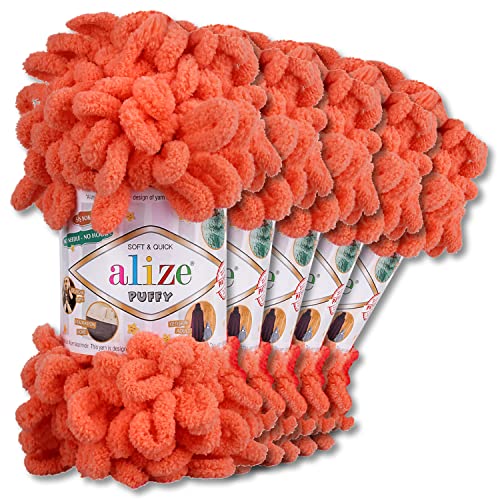 Alize 5 x 100 g Puffy Wolle Chenille Schlaufenwolle Häkeln und Stricken ohne Hilfsmittel Kleidung Accesoire Decken Teppiche (619 | Koralle) von Wohnkult