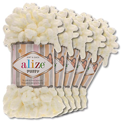 Alize 5 x 100 g Puffy Wolle Chenille Schlaufenwolle Häkeln und Stricken ohne Hilfsmittel Kleidung Accesoire Decken Teppiche (62 | Hellcreme) von Wohnkult