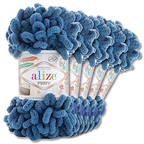 Alize 5 x 100 g Puffy Wolle Chenille Schlaufenwolle Häkeln und Stricken ohne Hilfsmittel Kleidung Accesoire Decken Teppiche (637 | Indigo) von Wohnkult