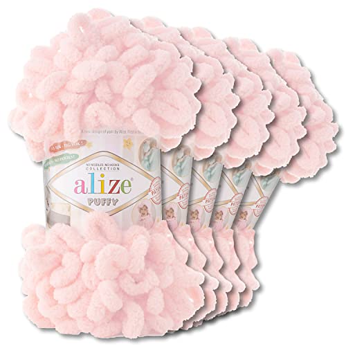 Alize 5 x 100 g Puffy Wolle Chenille Schlaufenwolle Häkeln und Stricken ohne Hilfsmittel Kleidung Accesoire Decken Teppiche (639 | Zartrosa) von Wohnkult