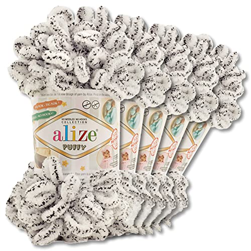 Alize 5 x 100 g Puffy Wolle Chenille Schlaufenwolle Häkeln und Stricken ohne Hilfsmittel Kleidung Accesoire Decken Teppiche (686 | Schneeleopard) von Wohnkult