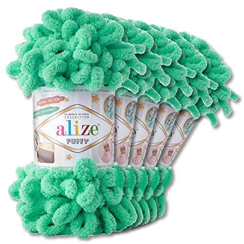 Alize 5 x 100 g Puffy Wolle Chenille Schlaufenwolle Häkeln und Stricken ohne Hilfsmittel Kleidung Accesoire Decken Teppiche (741 | Türkis) von Wohnkult