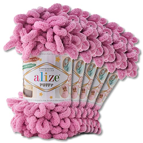 Alize 5 x 100 g Puffy Wolle Chenille Schlaufenwolle Häkeln und Stricken ohne Hilfsmittel Kleidung Accesoire Decken Teppiche (98 | Rose) von Wohnkult