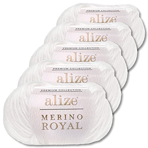 Alize 5x50 g Merino Royal 100% Merinowolle Farben zur Auswahl Superwash Wolle (55 | Weiß) von Wohnkult