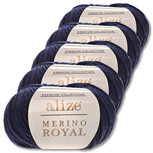 Alize 5x50 g Merino Royal 100% Merinowolle Farben zur Auswahl Superwash Wolle (58 | Dunkelblau) von Wohnkult