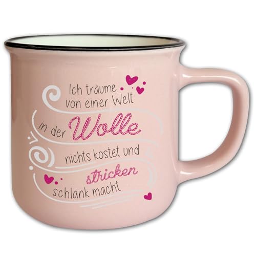 Vintage Tasse Rosa mit Spruch T165 ″Ich träume von einer Welt...″ Motivtasse Geschenk Wolle Stricken Häkeln Retro Keramik 330 ml von Wohnkult