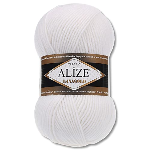 Wohnkult Alize 100 g Lanagold Premium Wolle 51 Auswahl Mützen Decken Kleidung Accesoire (55 | Weiß) von Wohnkult