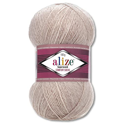 Wohnkult Alize 100 g Superwash Comfort Sockenwolle 33 Farben zur Auswahl EIN-/Mehrfarbig (152 | Hellbeige Melange) von Wohnkult