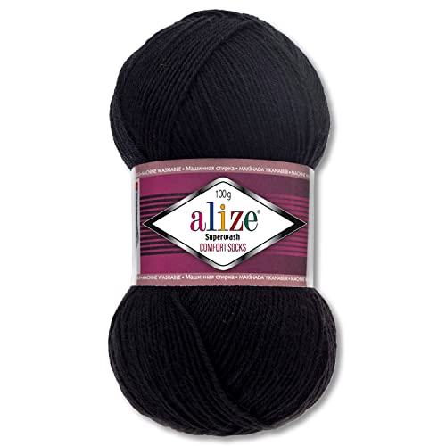 Wohnkult Alize 100 g Superwash Comfort Sockenwolle 33 Farben zur Auswahl EIN-/Mehrfarbig (60 | Schwarz) von Wohnkult