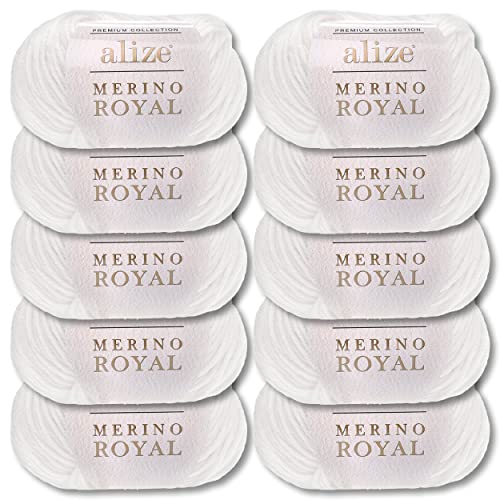 Wohnkult Alize 10x50 g Merino Royal 100% Merinowolle 9 Farben zur Auswahl Superwash Wolle Warmer (55 | Weiß) von Wohnkult