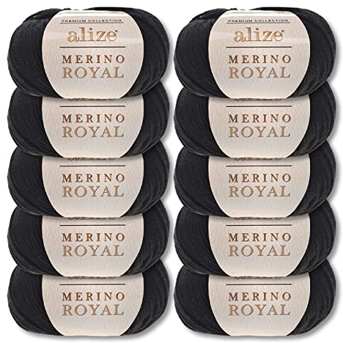 Wohnkult Alize 10x50 g Merino Royal 100% Merinowolle 9 Farben zur Auswahl Superwash Wolle Warmer (60 | Schwarz) von Wohnkult