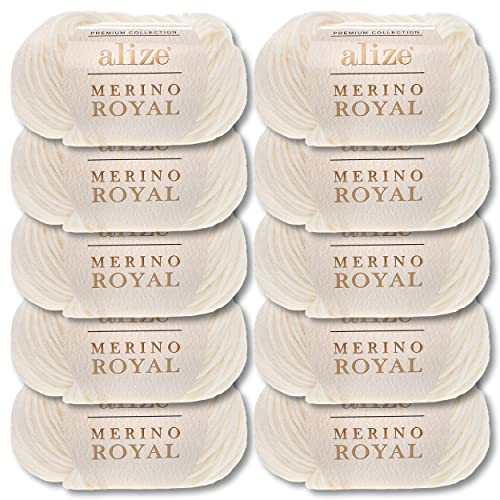 Wohnkult Alize 10x50 g Merino Royal 100% Merinowolle 9 Farben zur Auswahl Superwash Wolle Warmer (62 | Creme) von Wohnkult