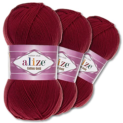 Wohnkult Alize 3 x 100 g Cotton Gold Premium Wolle 59 Farben Sommerwolle Garn Stricken Amigurumi Ganzjahreswolle (390 | Kirschrot) von Wohnkult