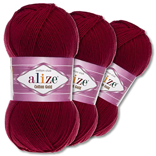 Wohnkult Alize 3 x 100 g Cotton Gold Premium Wolle 59 Farben Sommerwolle Garn Stricken Amigurumi Ganzjahreswolle (57 | Bordeaux) von Wohnkult