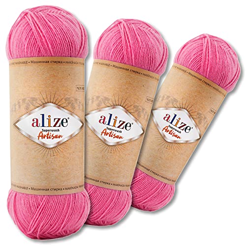 Wohnkult Alize 3 x 100 g Superwash Artisan Sockenwolle Premium 16 Auswahl Kontrast Häkeln Stricken (178 | Rosa) von Wohnkult