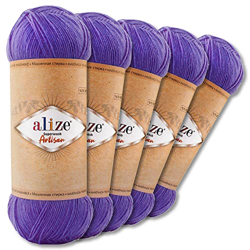 Wohnkult Alize 5 x 100 g Superwash Artisan Sockenwolle Premium 16 Auswahl Kontrast Häkeln Stricken (44 | Lila) von Wohnkult