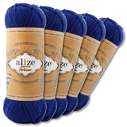 Wohnkult Alize 5 x 100 g Superwash Artisan Sockenwolle Premium 16 Auswahl Kontrast Häkeln Stricken (797 | Blau) von Wohnkult
