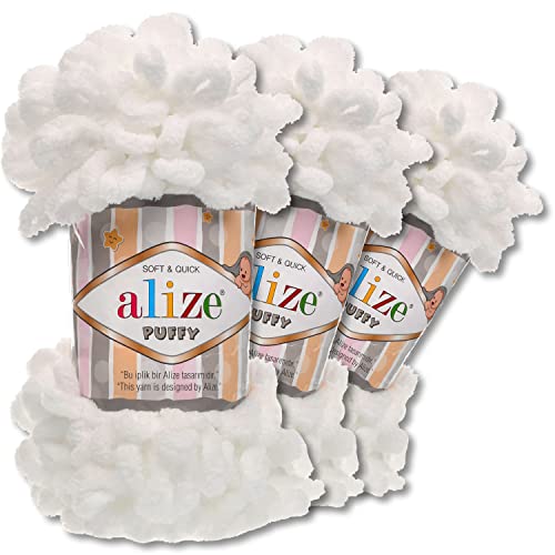 Wohnkult Alize 3x100 g Puffy Premium Wolle 62 Auswahl Chenille Schlaufenwolle Stricken und Häkeln ohne Hilfsmittel (55 | Weiß) von Wohnkult