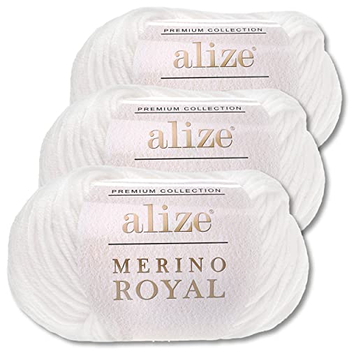 Wohnkult Alize 3x50 g Merino Royal 100% Merinowolle 9 Farben zur Auswahl Superwash Wolle Warmer (55 | Weiß) von Wohnkult