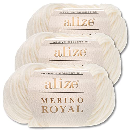 Wohnkult Alize 3x50 g Merino Royal 100% Merinowolle 9 Farben zur Auswahl Superwash Wolle Warmer (62 | Creme) von Wohnkult