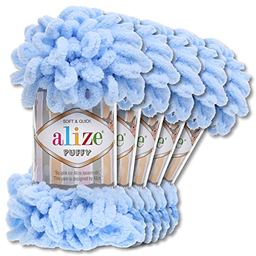 Alize 5 x 100 g Puffy Wolle Chenille Schlaufenwolle Häkeln und Stricken ohne Hilfsmittel Kleidung Accesoire Decken Teppiche (183 | Hellblau) von Wohnkult