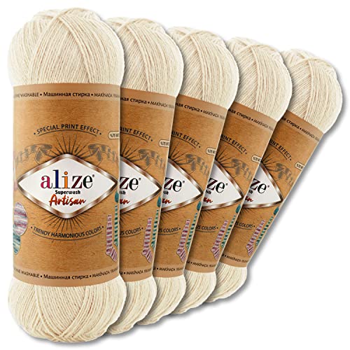 Wohnkult Alize 5 x 100 g Superwash Artisan Sockenwolle Premium 16 Auswahl Kontrast Häkeln Stricken (01 | Creme) von Wohnkult