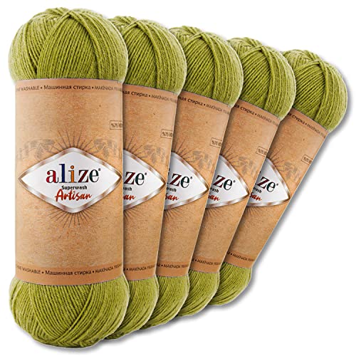 Wohnkult Alize 5 x 100 g Superwash Artisan Sockenwolle Premium 16 Auswahl Kontrast Häkeln Stricken (11 | Hellgrün) von Wohnkult