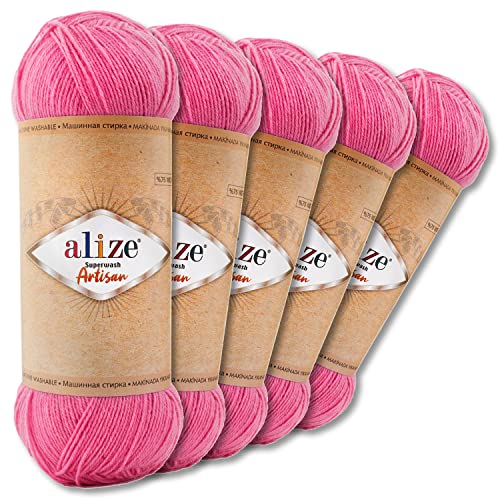 Wohnkult Alize 5 x 100 g Superwash Artisan Sockenwolle Premium 16 Auswahl Kontrast Häkeln Stricken (178 | Rosa) von Wohnkult