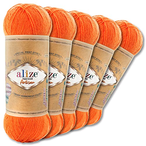 Wohnkult Alize 5 x 100 g Superwash Artisan Sockenwolle Premium 16 Auswahl Kontrast Häkeln Stricken (336 | Orange) von Wohnkult