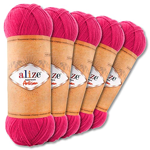 Wohnkult Alize 5 x 100 g Superwash Artisan Sockenwolle Premium 16 Auswahl Kontrast Häkeln Stricken (798 | Fuchsia) von Wohnkult