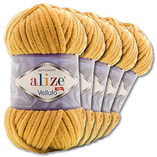 Wohnkult Alize 5x100 g Velluto Premium Wolle 30 Auswahl Chenillegarn Samtwolle Amigurumi Decken Accessore Kleidung DIY (02 | Senf) von Wohnkult