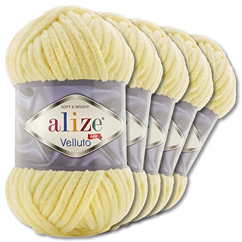 Wohnkult Alize 5x100 g Velluto Premium Wolle 30 Auswahl Chenillegarn Samtwolle Amigurumi Decken Accessore Kleidung DIY (13 | Hellgelb) von Wohnkult