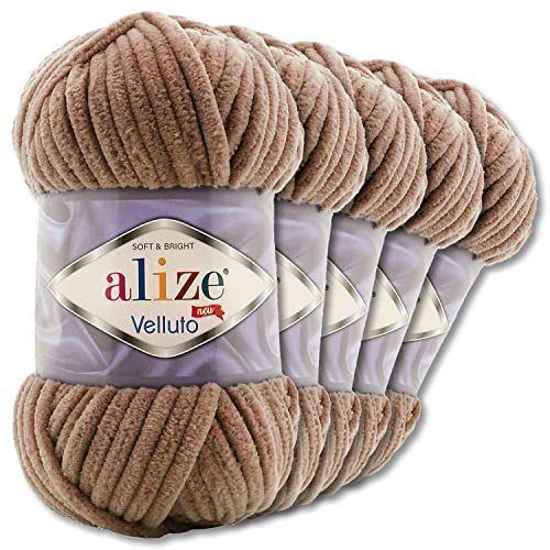 Wohnkult Alize 5x100 g Velluto Premium Wolle 30 Auswahl Chenillegarn Samtwolle Amigurumi Decken Accessore Kleidung DIY (329 | Tabak) von Wohnkult