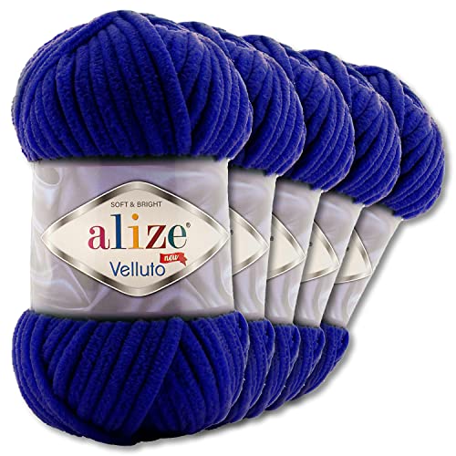 Wohnkult Alize 5x100 g Velluto Premium Wolle 30 Auswahl Chenillegarn Samtwolle Amigurumi Decken Accessore Kleidung DIY (360 | Dunkelblau) von Wohnkult