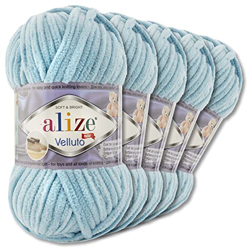 Wohnkult Alize 5x100 g Velluto Premium Wolle 30 Auswahl Chenillegarn Samtwolle Amigurumi Decken Accessore Kleidung DIY (414 | Azurblau) von Wohnkult