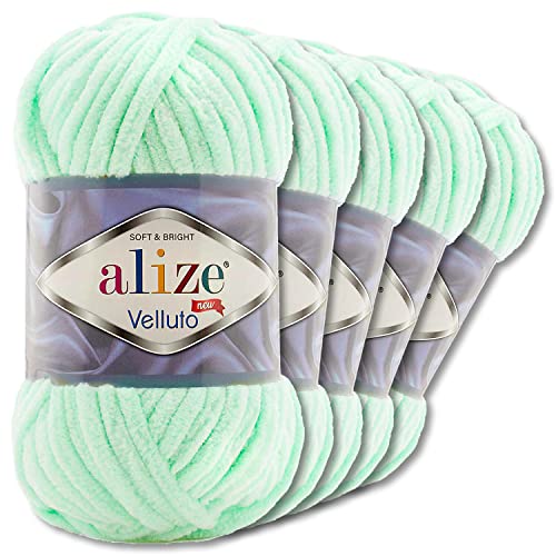 Wohnkult Alize 5x100 g Velluto Premium Wolle 30 Auswahl Chenillegarn Samtwolle Amigurumi Decken Accessore Kleidung DIY (464 | Hellgrün) von Wohnkult