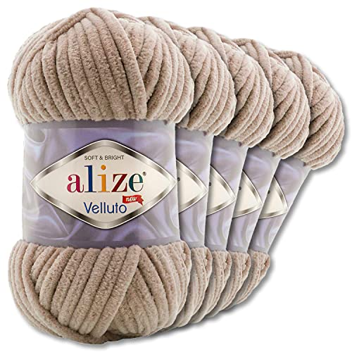 Wohnkult Alize 5x100 g Velluto Premium Wolle 30 Auswahl Chenillegarn Samtwolle Amigurumi Decken Accessore Kleidung DIY (530 | Beige) von Wohnkult