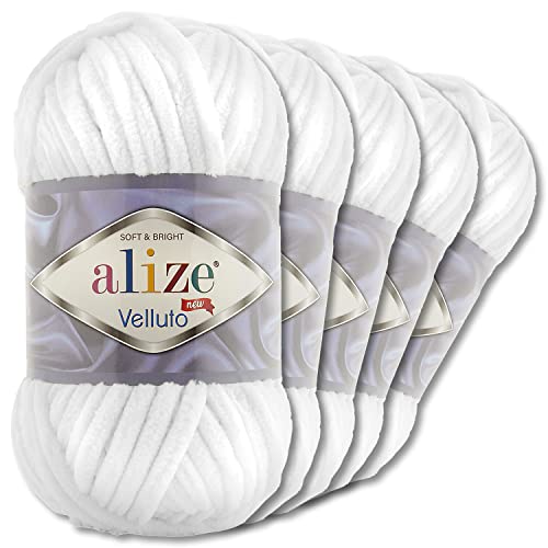 Wohnkult Alize 5x100 g Velluto Premium Wolle 30 Auswahl Chenillegarn Samtwolle Amigurumi Decken Accessore Kleidung DIY (55 | Weiß) von Wohnkult