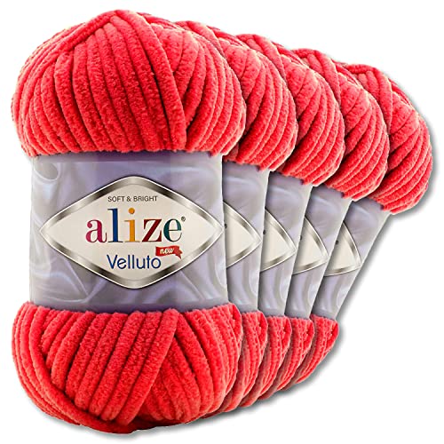 Wohnkult Alize 5x100 g Velluto Premium Wolle 30 Auswahl Chenillegarn Samtwolle Amigurumi Decken Accessore Kleidung DIY (56 | Rot) von Wohnkult