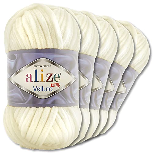 Wohnkult Alize 5x100 g Velluto Premium Wolle 30 Auswahl Chenillegarn Samtwolle Amigurumi Decken Accessore Kleidung DIY (62 | Creme) von Wohnkult