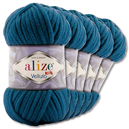 Wohnkult Alize 5x100 g Velluto Premium Wolle 30 Auswahl Chenillegarn Samtwolle Amigurumi Decken Accessore Kleidung DIY (646 | Petrol) von Wohnkult