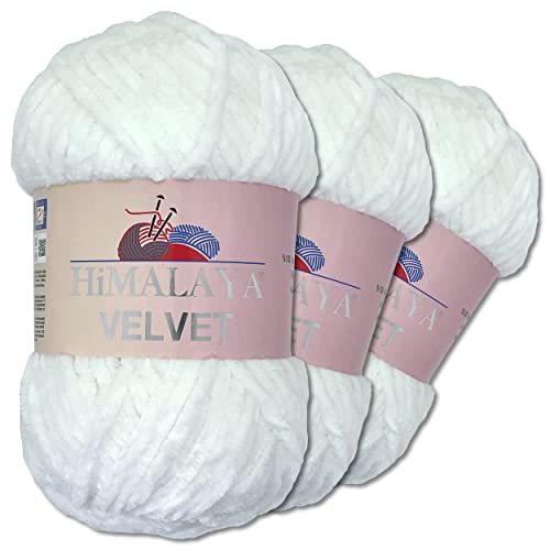 Wohnkult Himalaya 3 x 100 g Velvet Dolphin Wolle 40 Farben zur Auswahl Chenille Strickgarn Flauschwolle Glanz Accessoire Kleidung Decken (90001 | Schneeweiß) von Wohnkult