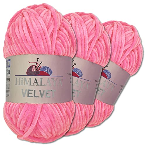 Wohnkult Himalaya 3 x 100 g Velvet Dolphin Wolle 40 Farben zur Auswahl Chenille Strickgarn Flauschwolle Glanz Accessoire Kleidung Decken (90009 | Pink) von Wohnkult