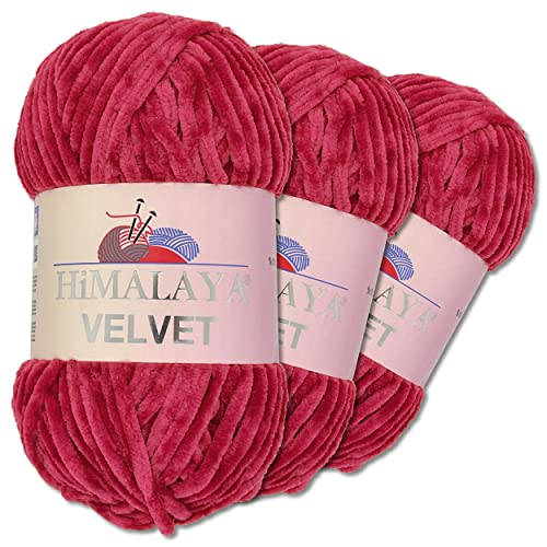 Wohnkult Himalaya 3 x 100 g Velvet Dolphin Wolle 40 Farben zur Auswahl Chenille Strickgarn Flauschwolle Glanz Accessoire Kleidung Decken (90010 | Fuchsia) von Wohnkult